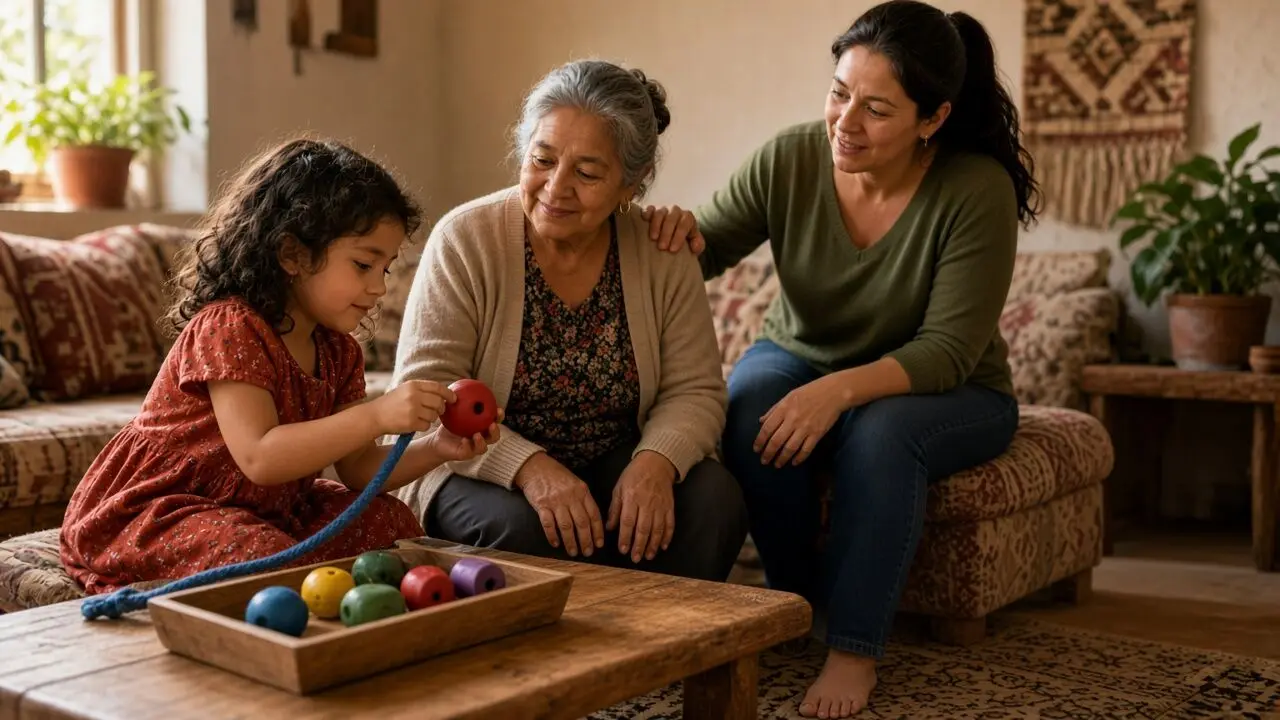 Una niña enhebra una cuenta roja de madera en un cordón azul mientras su abuela la observa y la madre, sentada en el sofá, apoya una mano en el hombro de la abuela y le habla sonriendo