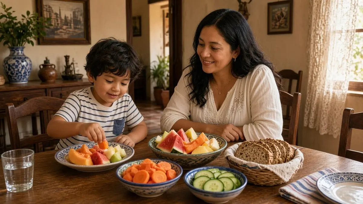 A young child curiously exploring fresh fruit and vegetables at the dining table with their mother in a relaxed, pressure-free setting