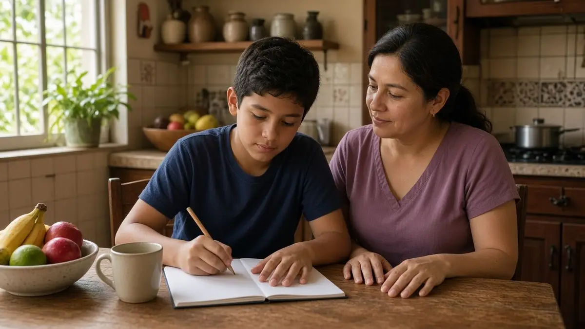 Un niño de edad escolar escribe en un cuaderno abierto en la mesa de la cocina mientras su madre, sentada a su lado, lo observa con calma; ambos tienen las manos visibles sobre la mesa