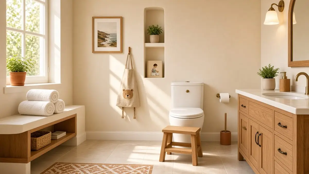 Un cuarto de baño familiar luminoso y adaptado para la autonomía, con un taburete firme de madera frente al inodoro