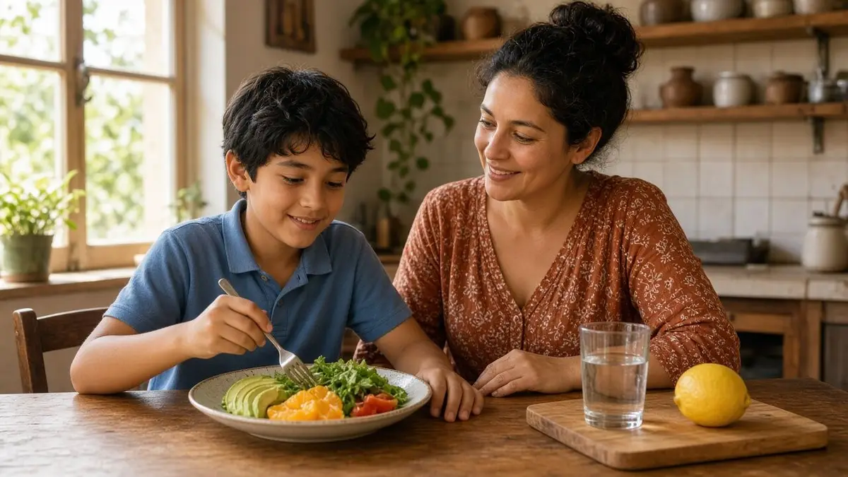 Un niño escolar come ensalada con aguacate y naranja en la mesa de la cocina mientras su madre sonríe a su lado
