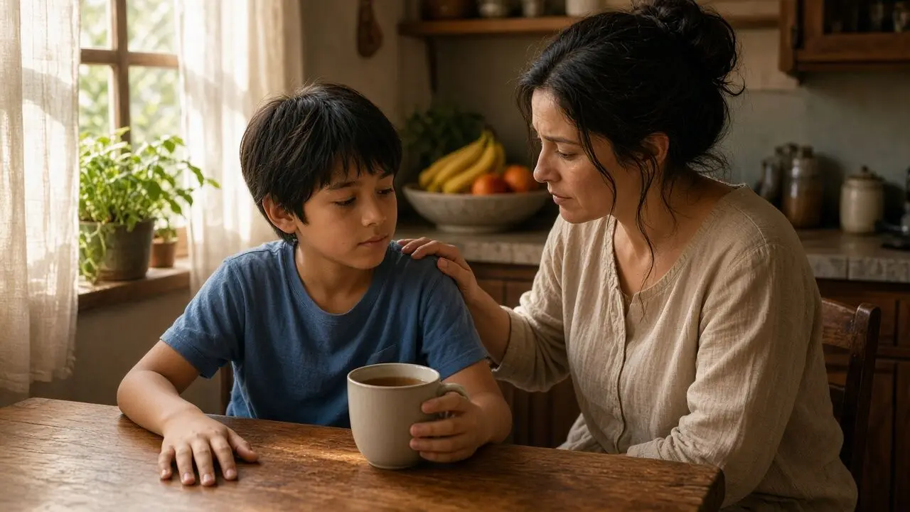 Un niño sostiene una taza de té en la mesa de la cocina mientras una adulta apoya la mano en su hombro con calma