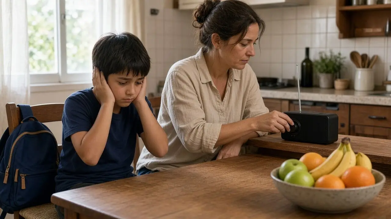 Un niño en edad escolar se tapa los oídos con ambas manos mientras una adulta, a su lado en la cocina, baja el volumen de una radio pequeña sobre la mesa