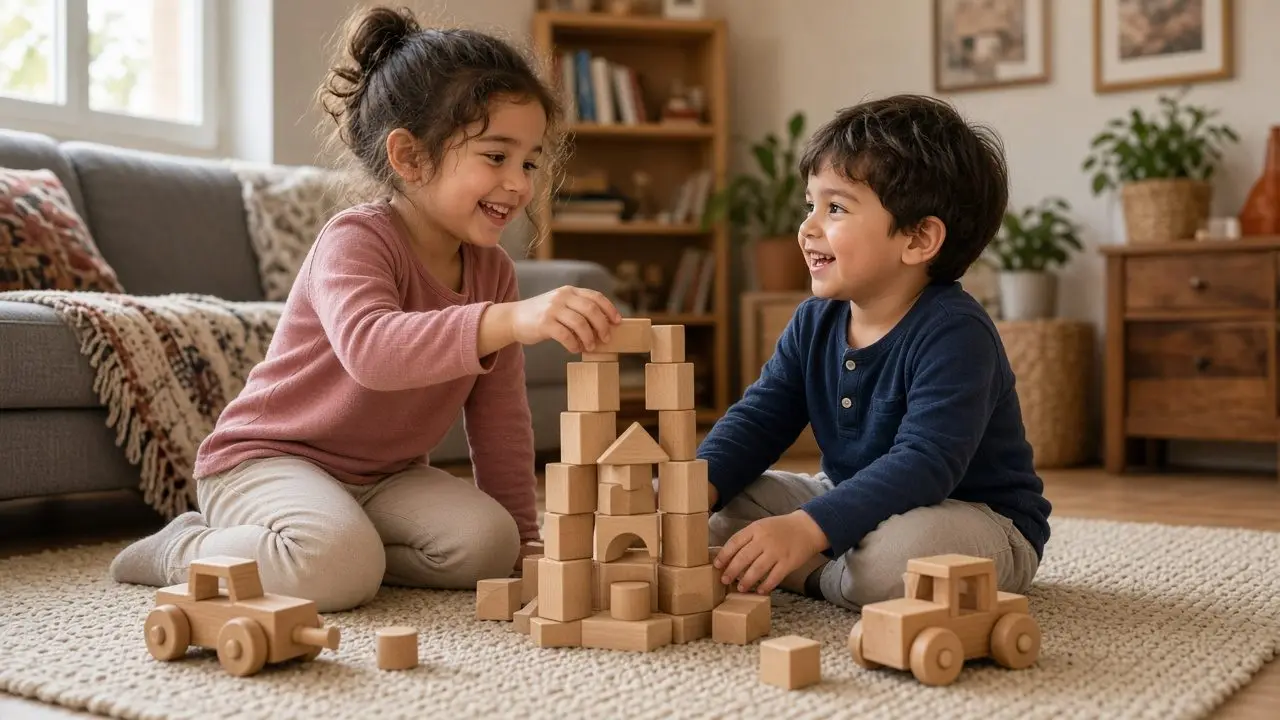 Dos niños colaborando alegremente en el suelo de la sala mientras construyen una torre con bloques y autitos de madera