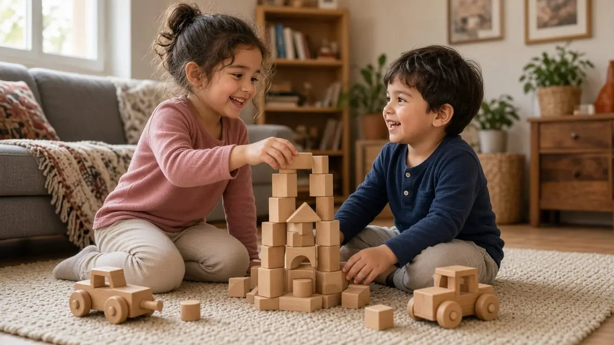 Dos niños colaborando alegremente en el suelo de la sala mientras construyen una torre con bloques y autitos de madera