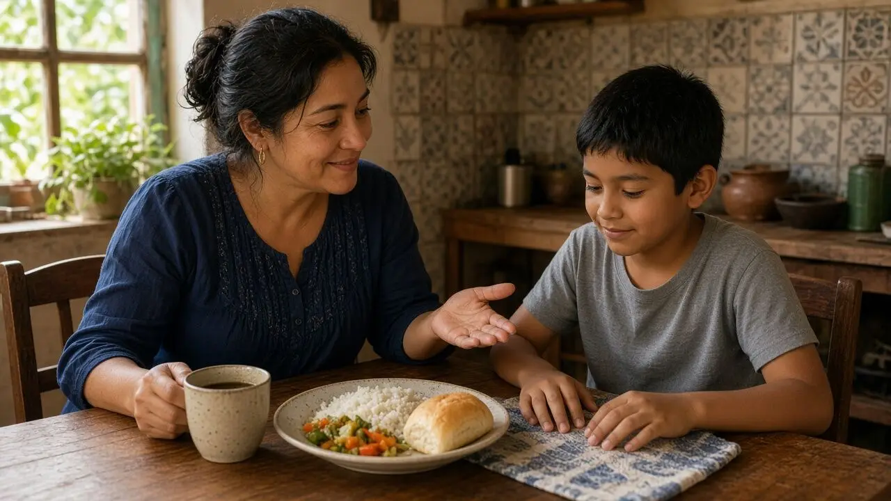 Una madre y su hijo en edad escolar, sentados a la mesa de la cocina, comparten un plato de arroz con verduras mientras ella gesticula con la mano abierta hacia la comida