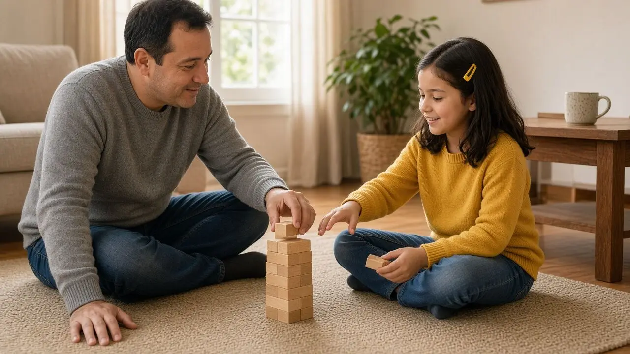 Un padre y su hija, sentados en el suelo de la sala, construyen juntos una torre de bloques de madera mientras se miran sonrientes