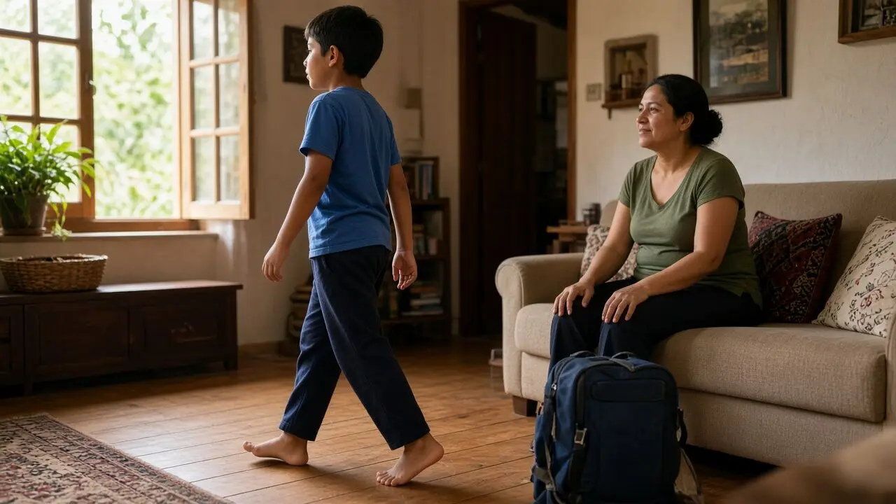 Un niño de edad escolar camina descalzo por el salón de casa mientras su madre, sentada en el sofá, lo observa con una sonrisa tranquila