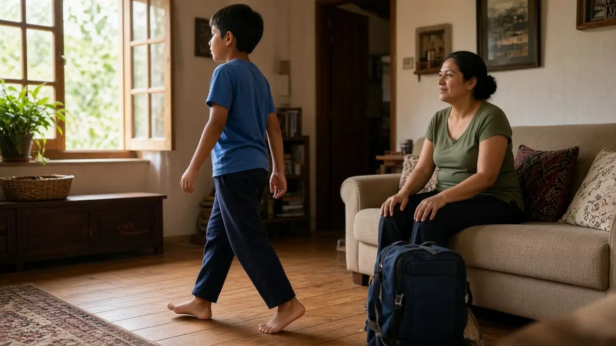Un niño de edad escolar camina descalzo por el salón de casa mientras su madre, sentada en el sofá, lo observa con una sonrisa tranquila