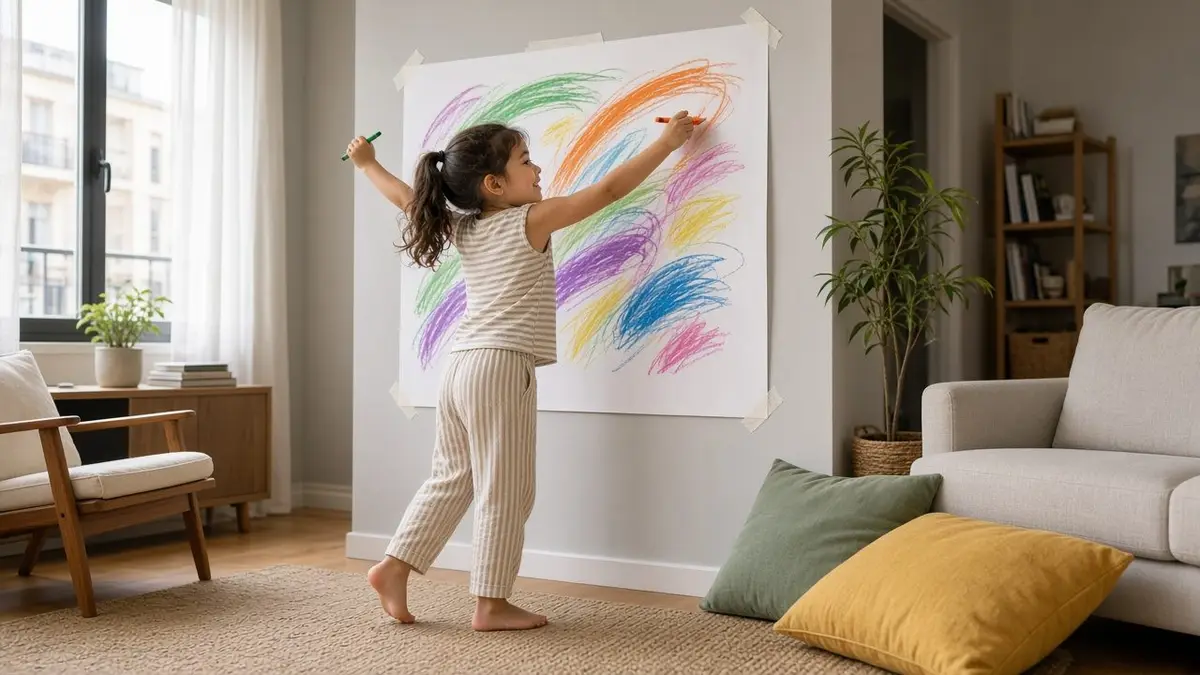 Una niña dibujando trazos coloridos en un pliego de papel pegado a la pared del salón en una actividad de aprendizaje en movimiento