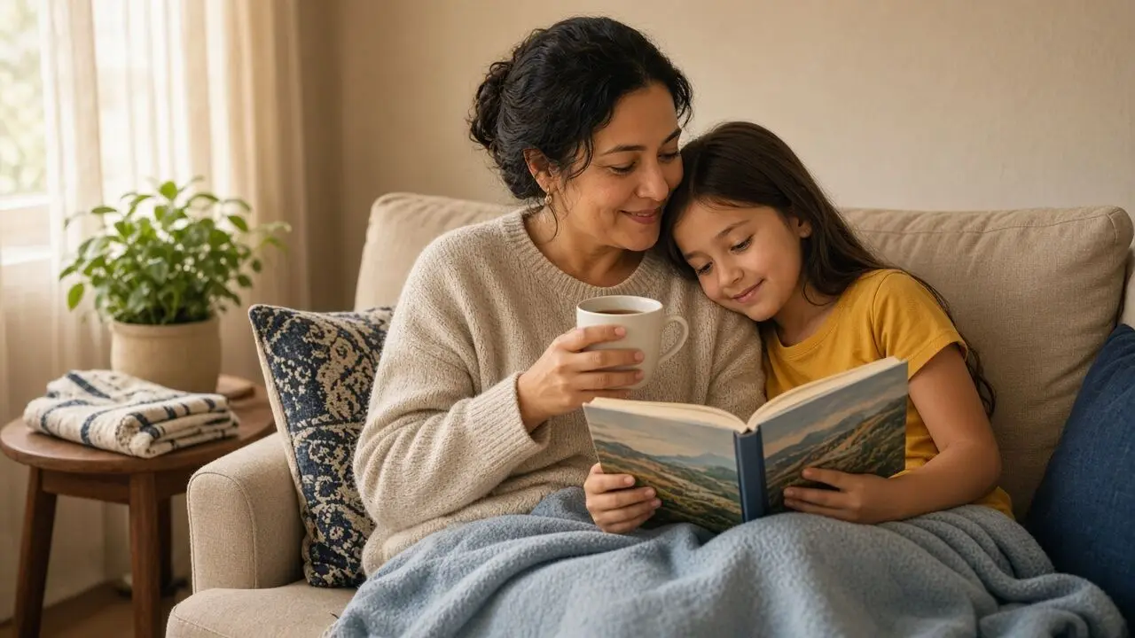Una madre, sentada en el sofá con una manta sobre las piernas y una taza de té en la mano, sonríe mientras su hija, apoyada en su hombro, sostiene un libro ilustrado abierto
